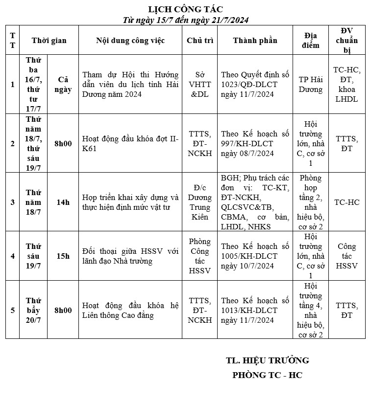 Lịch tuần tháng 7