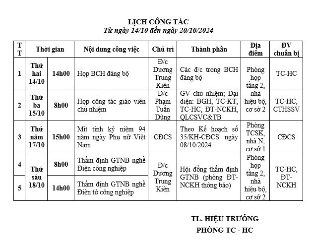 lịch công tác tháng 10